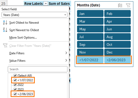 PivotTable date filters include greater than and less than values
