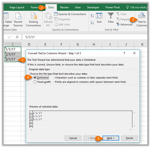 text to columns to fix excel dates formatted as text