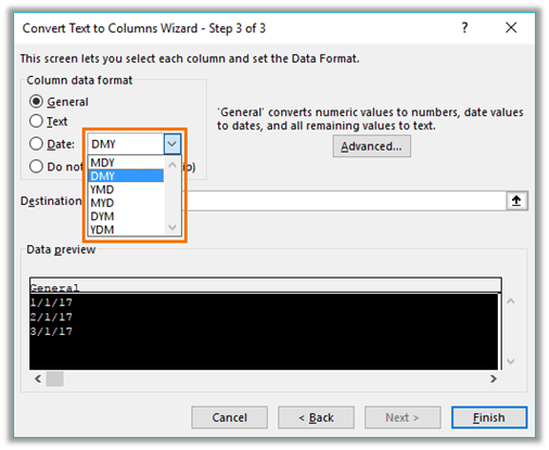 text to columns step 3 fix excel dates formatted as text