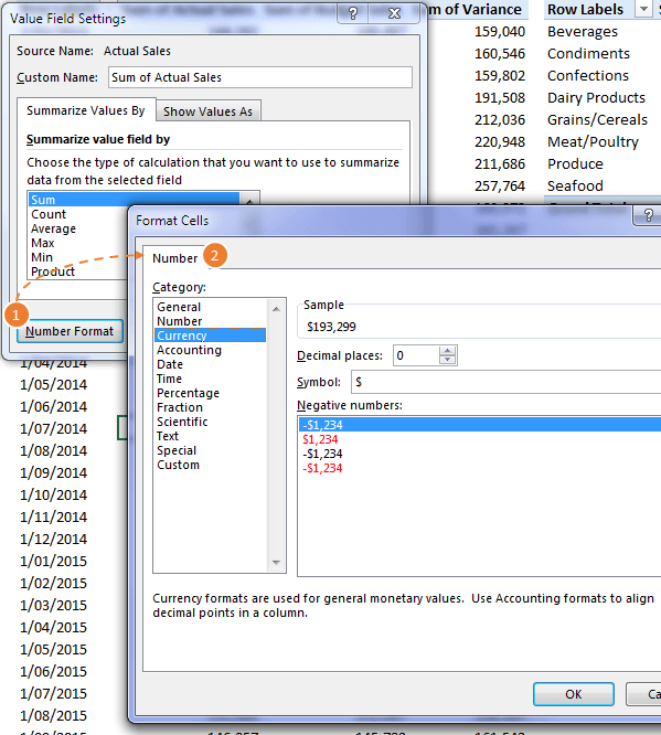 PivotTable Value Field Settings format numbers