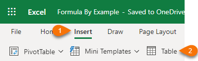 insert table via ribbon in Excel Online