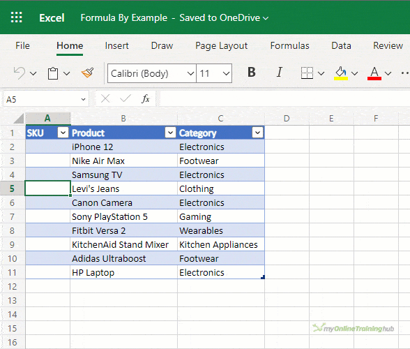 filling a column with excel formula by example