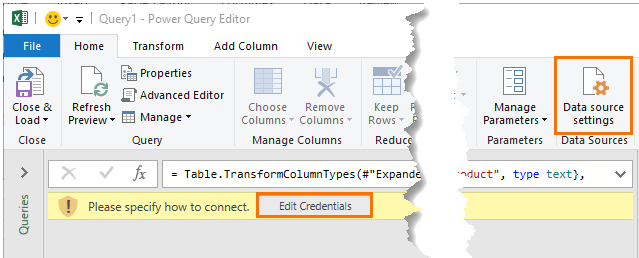 Edit credentials in Power Query