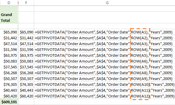 row function makes Excel GETPIVOTDATA function dynamic
