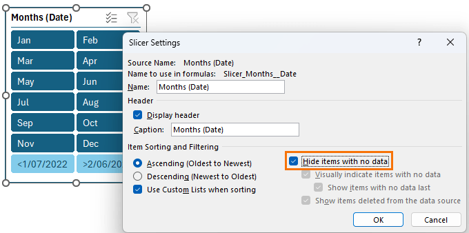 Excel slicers hide items with no data