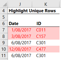 highlight unique rows with formula
