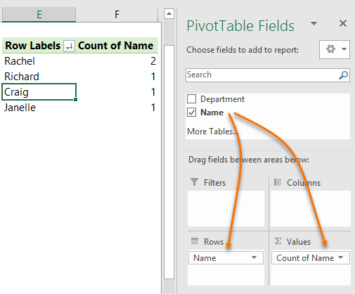 identify duplicates with PivotTables