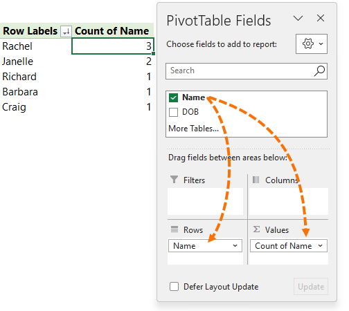 identify duplicates with PivotTables