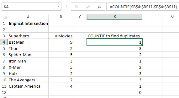 Excel countif using implicit intersection