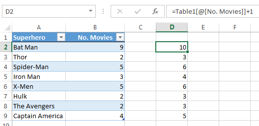 Excel table structured references