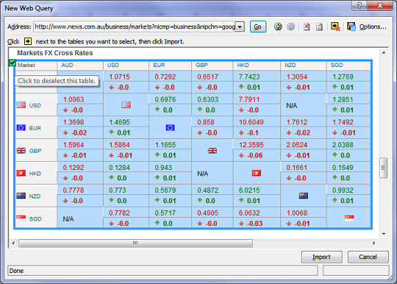 select data to import from a web page