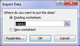 tell excel where to put imported data