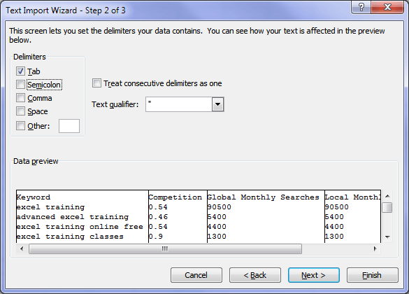 import text to excel