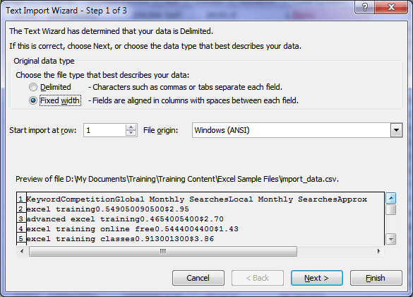 excel text import wizard step 1 no delimiters