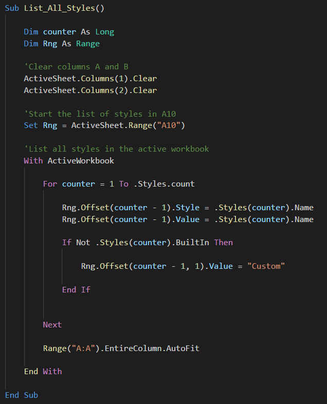 List styles in workbook VBA