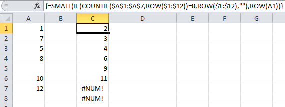 Excel formula to list missing numbers in a sequence