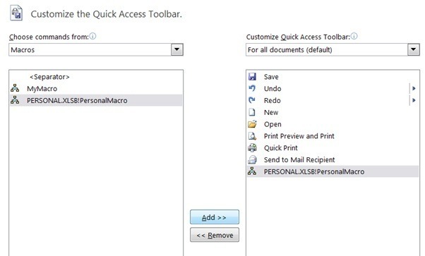 Macro Added to the Quick Access Toolbar