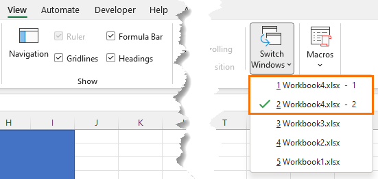 Switching between Excel windows using the Ribbon menu
