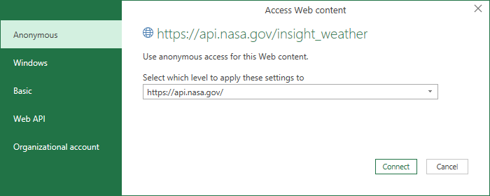 NASA API Request Using Anonymous Authentication