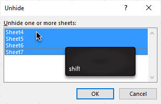 hold shift or ctrl while unhiding multiple sheets