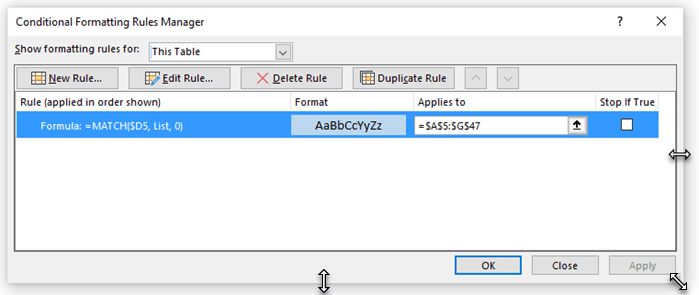 excel resize conditional formatting pane