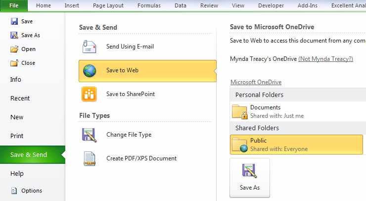 upload to onedrive from Excel 2010