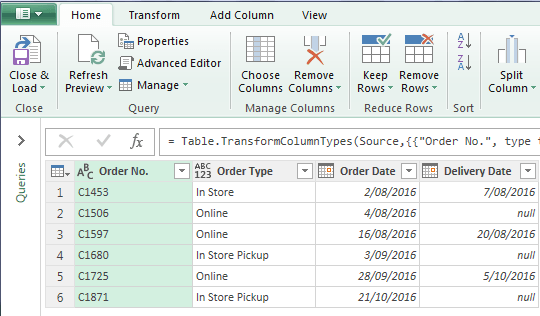 Example of Orders in Power Query