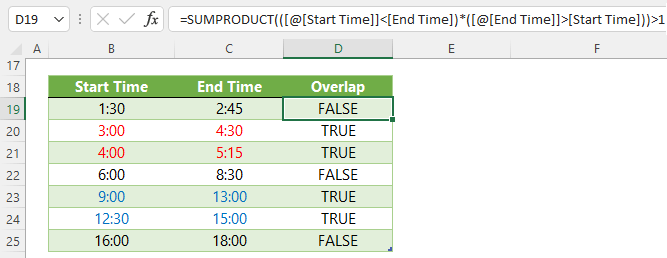 Identifying overlapping times excel