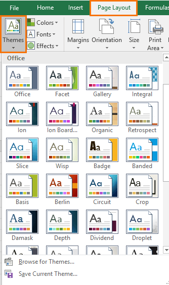 Excel Themes page layout