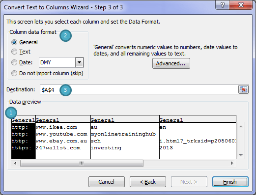 Excel Text to Columns Wizard Step 3