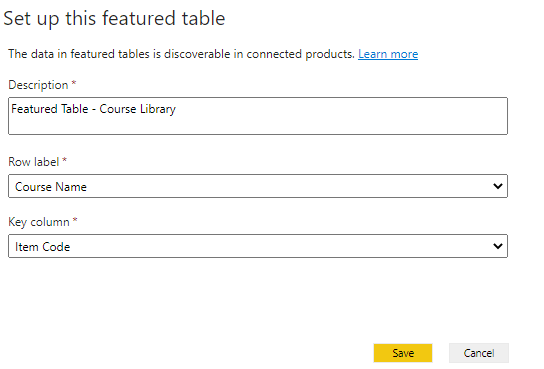 Power BI featured table row label and key column