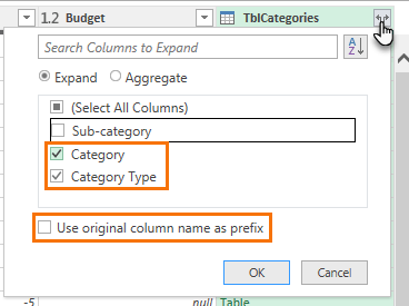 Expand the merged query column