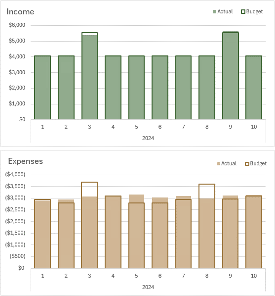 column chart showing income and expenses by month