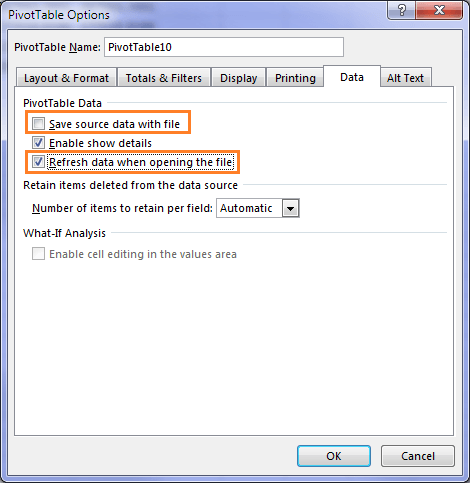 pivottable data options