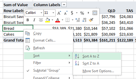 sort pivot table a to z