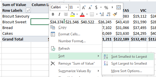 sort pivot table a to z