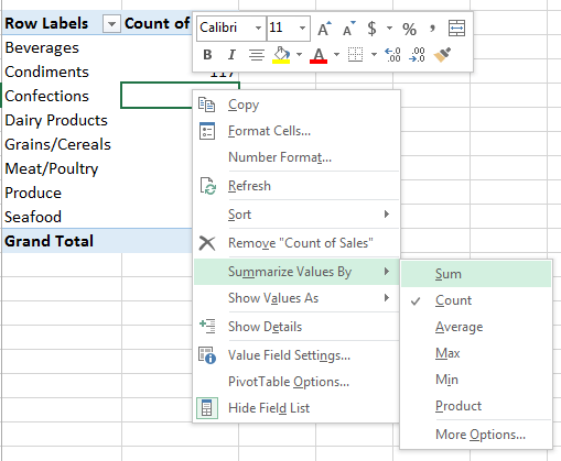 PivotTable default to sum instead of count 