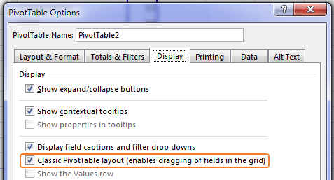 Classic PivotTable Default Layout