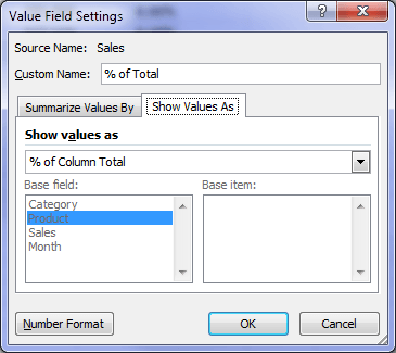 PivotTable percentage of column