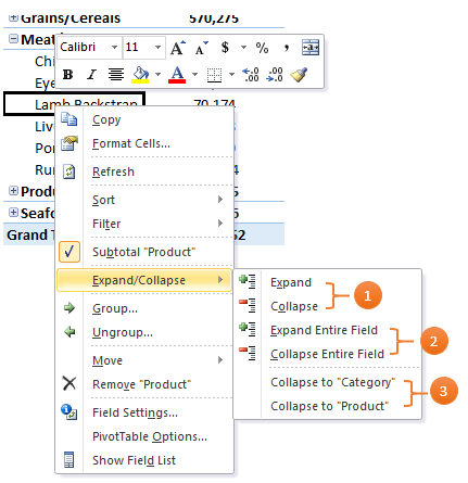 Excel PivotTable expand/collapse menu