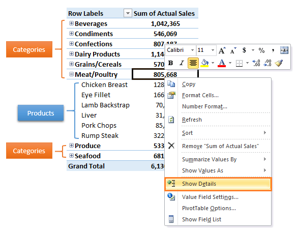 Excel PivotTable Show Details