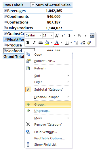 Excel PivotTable group items