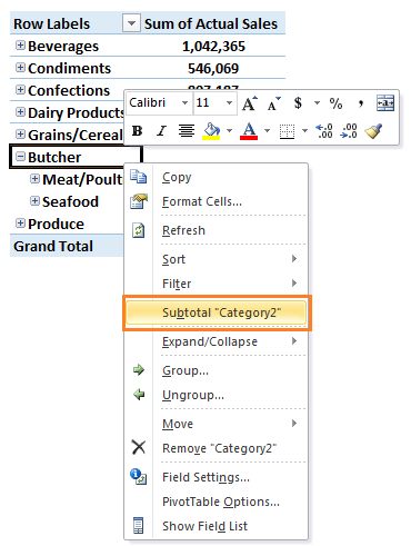 Excel PivotTable subtotal new group