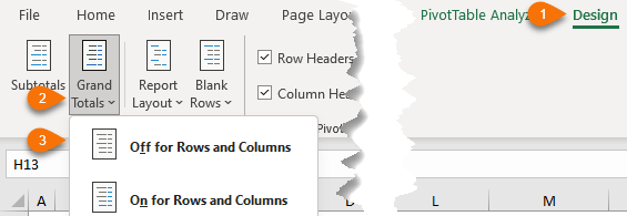 turn off grand total row in pivot table