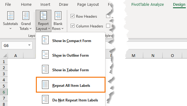turn off repeating row labels in Design tab