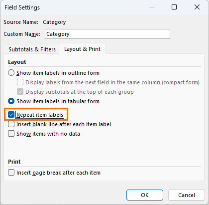 turn off repeating row labels in field settings