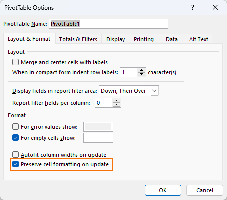 preserve cell formatting for a pivot table