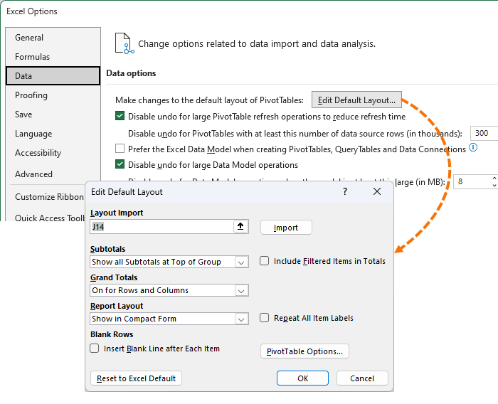 set pivot table default layout