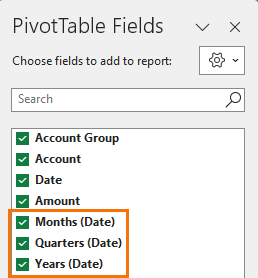 Chosen groups are added to pivot table field list
