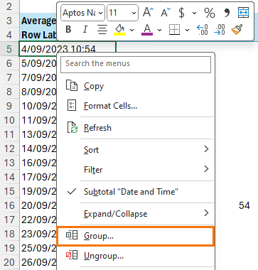 Accessing the grouping feature for a pivot table